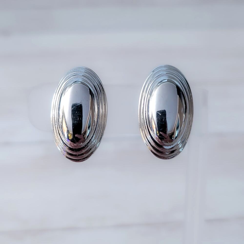 Vintage Clip On Earrings Elegant Stylish Silver Tone Oval Statement Large 1.25"